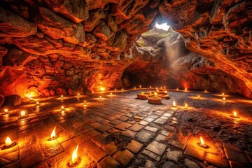 Ancient Cave Sanctuary Illuminated by Glowing Candles on a Stone Floor, Bathed in a Mystical Light
