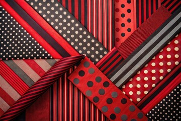 Abstract Red and Black Fabric Composition A Textured Collage of Stripes and Polka Dots