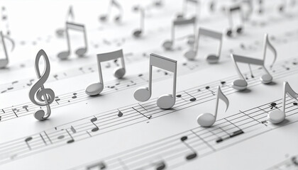 Music notes floating above sheet music create dynamic and lively scene, evoking feelings of joy and rhythm, perfect for illustrating musical themes or compositions