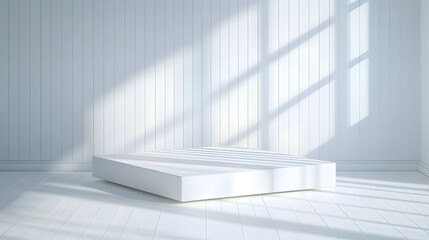 Obraz premium Minimalist white platform is showcased in bright, all white studio with reflective surfaces and soft shadows, creating serene and modern atmosphere