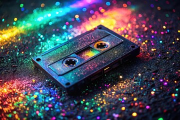 A Retro Cassette Tape Adorned with Sparkling Glitter Dust, a Vibrant Display of Nostalgia and Festive Celebration