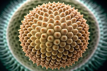 Intricate Spherical Structure with Minute, Textured Protrusions, Exhibiting a Complex Pattern of Repeating Units