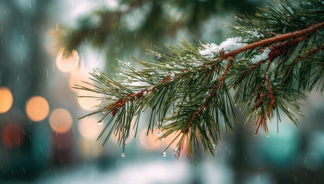 Close-up of snowy pine branch in winter. Soft focus bokeh of city lights in background