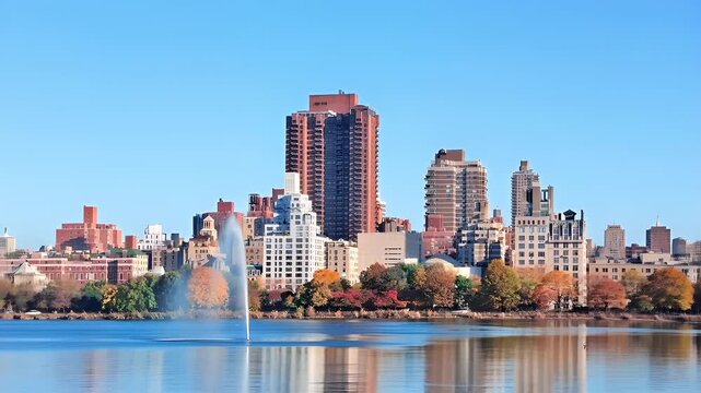 Manhattan, New York City. Aerial view of a cityscape with a fountain in the foreground and a clear sky overhead. The city skyline is a mix of modern highrise buildings and older structures.