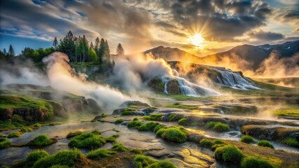 Serene Geothermal Landscape at Sunrise Misty Waterfalls and Steaming Fissures in a Picturesque Valley