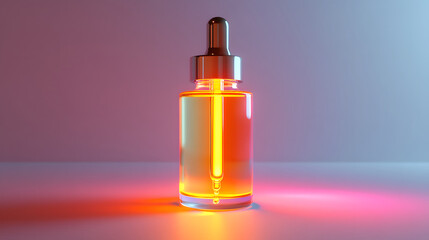 Naklejka premium High end facial oil bottle with dropper is illuminated by vibrant, colorful lighting, creating luxurious and elegant atmosphere. glass reflects warm hues beautifully