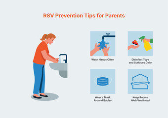 RSV prevention tips for parents infographic showing handwashing, disinfecting toys, wearing masks around babies, and keeping rooms well ventilated, healthcare awareness. Flat vector illustration