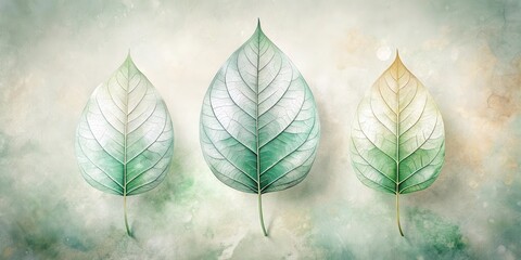 Serene Still Life Featuring Three Delicate Leaves with Intricate Vein Detail on a Textured Background