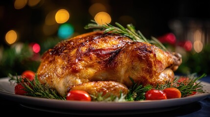 Roasted chicken centerpiece for a holiday feast.