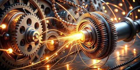 Intricate Gear System with Sparks and Glowing Connections A Detailed View of Precision Engineering