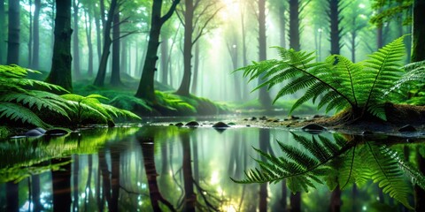 Serene forest stream reflecting lush ferns and sunlit trees in a mystical morning atmosphere