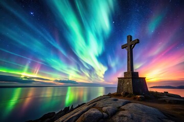 Stone Cross Silhouette Against a Vibrant Aurora Borealis Display Over a Calm Ocean at Dusk