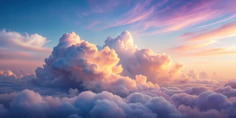 A breathtaking panorama of fluffy clouds illuminated by the warm hues of a sunset, creating a majestic and serene celestial landscape.