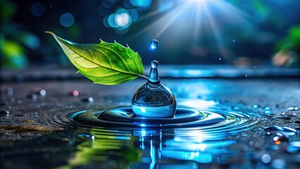 A single leaf rests serenely on a water droplet, creating a mesmerizing ripple effect in a tranquil pool.