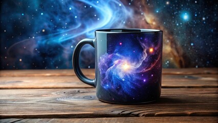 A cosmic mug rests on a rustic wooden surface, its design a swirling nebula against a backdrop of a star-filled night sky.