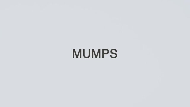 Mumps word diagnosed with a stethoscope held in hand on a white background, illustrating viral infection assessment, parotid gland evaluation, medical care, and patient awareness