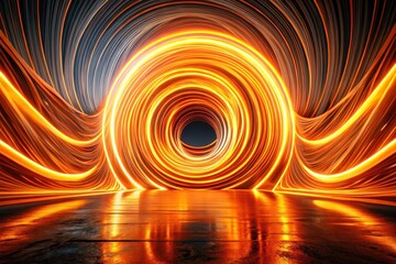 Abstract Fiery Vortex Tunnel  Glowing Circular Lights and Dynamic Swirling Energy in a Dark Reflective Space
