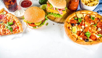 Fototapeta premium Assorted fast food items, including a slice of pizza, a hamburger, and French fries, are displayed on a white surface, creating a tempting food arrangement.