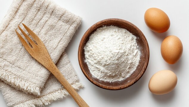Flatlay of wooden bowl of flour, three eggs, and wooden fork on beige linen - Powered by Adobe