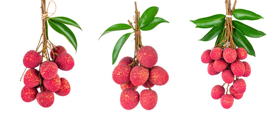 Three Bunches Of Lychee Fruits With Green Leaves On Transparent Background