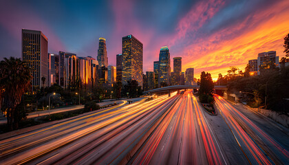 Obraz premium Los Angeles city skyline at vibrant sunrise with glowing freeway traffic trails below. Urban metropolis features modern architecture and infrastructure, showcasing fast motion and illuminated roads.