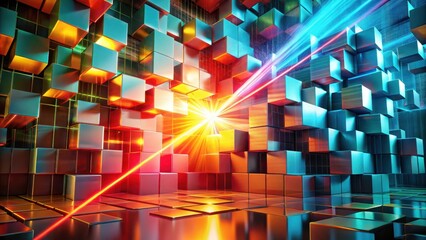 Abstract Metallic Cubes Illuminated by Dynamic Beams of Light Reflecting on Polished Surfaces