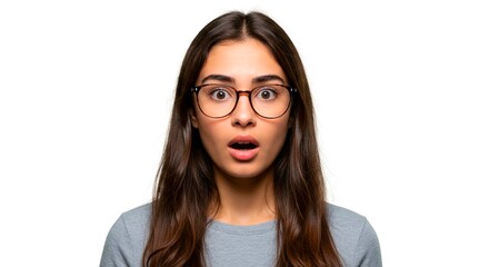 Obraz premium Portrait of a surprised woman with glasses and long brown hair against a white background looking forward
