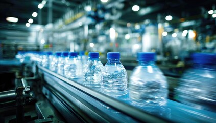 Plastic water bottles moving on a factory conveyor belt