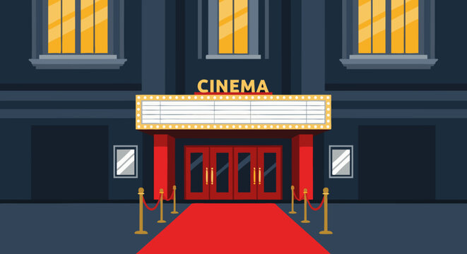 Cinema's Grand Entrance: An illustrative view of a classic cinema, complete with a glowing marquee, plush red carpet and inviting entrance, perfect for movie lovers. - Powered by Adobe