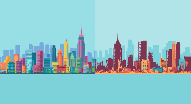 Cityscape Transformation: A visual comparison of urban development and the impacts of environmental change on a vibrant cityscape, highlighting the importance of sustainability.