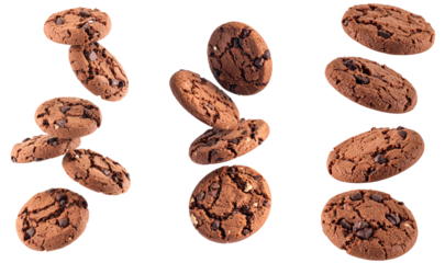 Chocolate Chip Cookies in a Group Arrangement Isolated on a Transparent Background Showcasing Texture and Detail