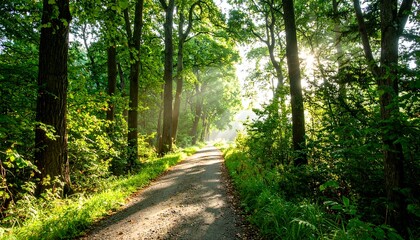 Fototapeta premium A sunlit path winds through a dense forest, bathed in morning light.