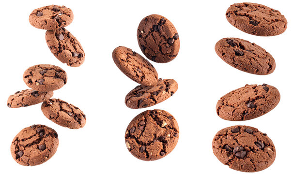 Chocolate Chip Cookies in a Group Arrangement Isolated on a Transparent Background Showcasing Texture and Detail