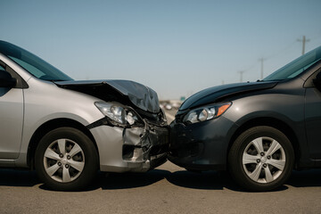 Fototapeta premium Two sedans involved in head on collision on open road under clear sky, damaged vehicles facing each other