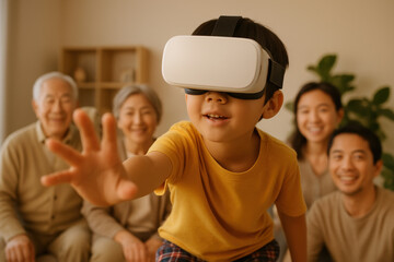Curious child exploring virtual reality with headset, engaging in interactive technology, surrounded by happy family at home