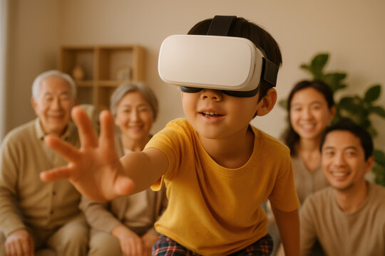 Curious child exploring virtual reality with headset, engaging in interactive technology, surrounded by happy family at home