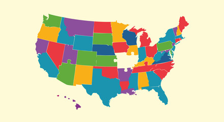 Obraz premium USA Map: A colorful map of the United States of America, meticulously illustrated with individual states distinguished by vivid hues, ideal for educational content and geographical design. 