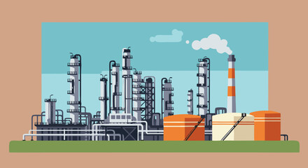 Obraz premium Oil Refinery: A meticulously crafted illustration showcasing the intricate structures of an oil refinery, with detailed tanks and smokestacks emitting steam against a backdrop of a pristine sky.