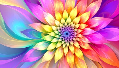 A vibrant, swirling flower design, with a burst of colorful petals in shades of yellow, pink, purple, and teal.