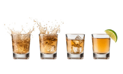 glasses of tequila whiskey with a lime wedge or an ice cube being dropped into the liquid on white background