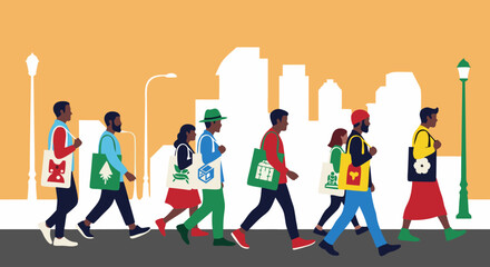 Eco-conscious pedestrians: A diverse group of eco-conscious individuals strides confidently across a city street.
