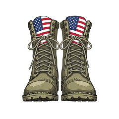 A pair of olive green military boots with American flags tucked inside.