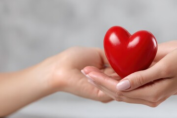 Fototapeta premium Woman's hands holding bright red heart, offering it to another person, representing love, care, and affection