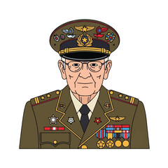 An illustrated portrait of an elderly military general in a decorated uniform.