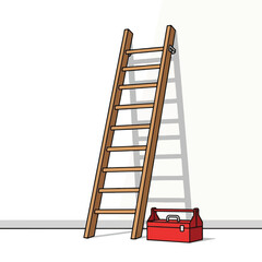 A wooden ladder leans against a plain white wall, with a red toolbox resting on the floor beside its base. © Farid