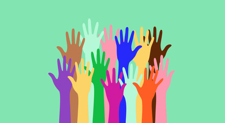 Unified Support: A collection of multi-colored hands raised in a symbolic expression of community, unity, and collective support. Symbolizing diversity and inclusion.