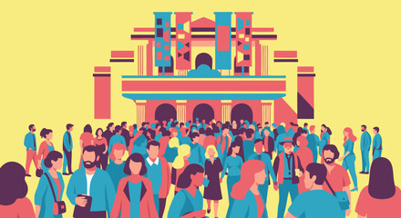 Event Gathering: A vibrant illustration capturing a lively event, teeming with diverse attendees in a dynamic atmosphere, a visual representation of culture and community.