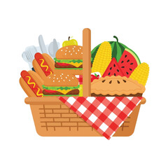 A wicker picnic basket with a red checkered cloth, filled with summer food like hamburgers, hot dogs, corn, watermelon, and pie.