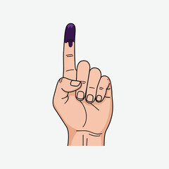 A hand with the index finger marked with purple ink, symbolizing voting in an election.