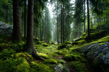 Obraz premium Fresh green moss covering the floor of a fir and pine forest in Sweden